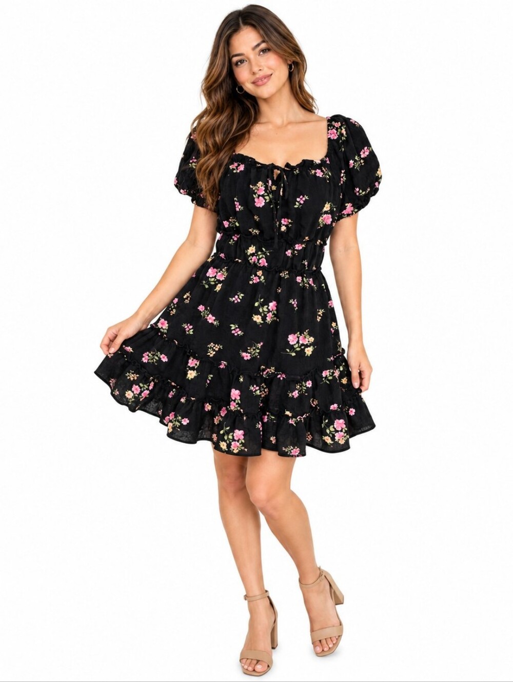 Arula Floral Mini Dress X Black Square Neck Puff Sleeve Tiered Ruffle